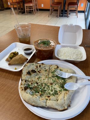 Wonderful vegan food (upon request, as clearly stated on menu) - pictured: samosas, choley, lemonade. A great treat before heading to the Bush airport. Personable staff!  at Curry Sultan in Humble