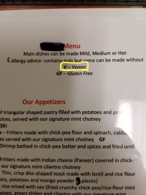 Clear indication of what is supposed to be "vegan" at Curry Sultan in Humble