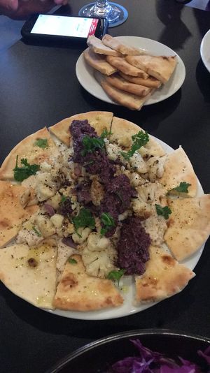 Roasted cauliflower with hummus and pita at Hunter's Brewing in Chesterton
