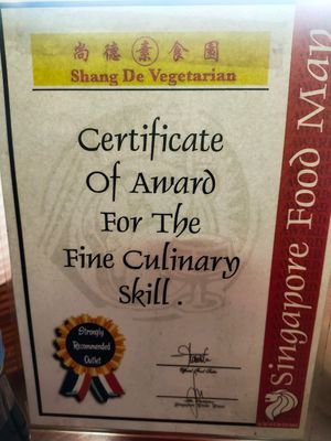 Certificate at Shang De Vegetarian in Central Singapore
