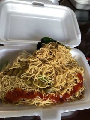 Wonton noodles with extra noodles, my own sweet chilli sauce added at Shang De Vegetarian in Central Singapore