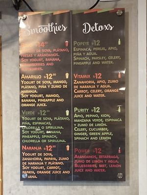Juice wall menu  at Naturlandia in Lima