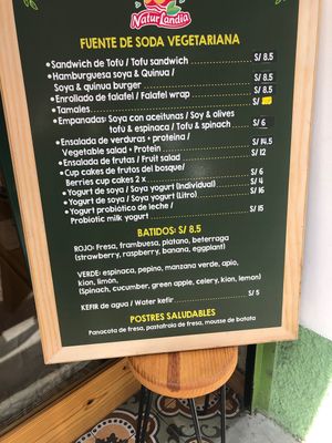 Menu at Naturlandia in Lima