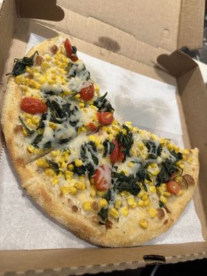 Coconut corn pizza with spinach added (no coconut flavor)   at Veggie Crust in Somerville