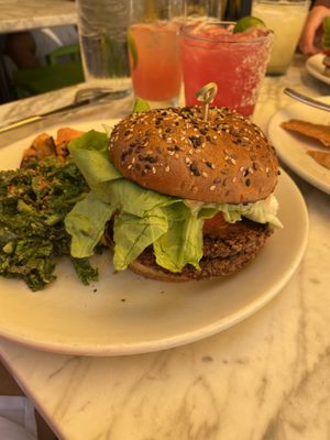Vegan burger with kale salad and sweet potato hash at True Food Kitchen - W Ave in Austin