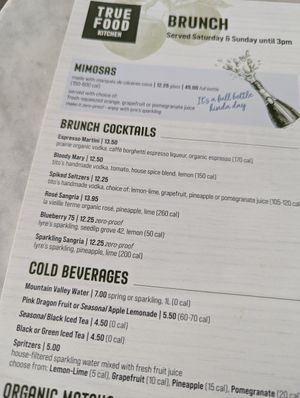 Brunch cocktail menu at True Food Kitchen - W Ave in Austin