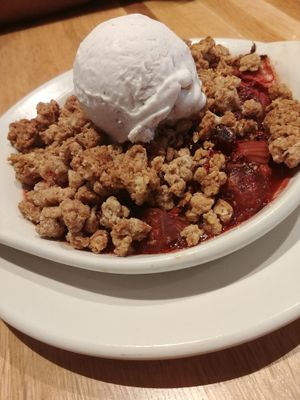 Strawberry rhubarb crisp! Perfect size for 2 adults to enjoy after a meal. No way could I have eaten that myself after dinner. at True Food Kitchen - W Ave in Austin