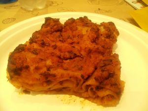 Lasagna with mushroom sauce at Universo Vegano in Bologna