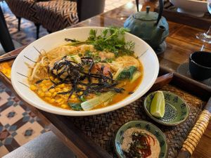 Vegan Ramen Bowl with vegetable dumplings   at 36 Pho Co in Weimar