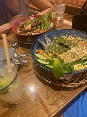 Both vegan - one with vegan beef and the one in the front with eggplant, vegan minced meat and crispy tofu. They offer fresh coconut water as well!  at 36 Pho Co in Weimar