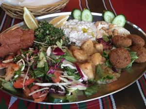 The vegetarian platter for 2, subbing the Syrian salad in place of the BB lebna. at Ranoush in St Louis