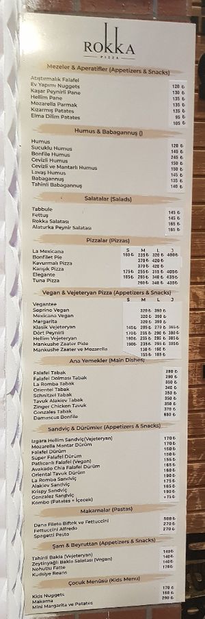 Menu as in July 2024 at Rokka in Antalya
