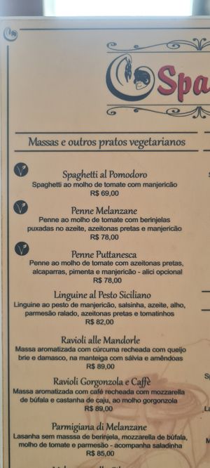 Current price for the vegan options in the menu. at Spaghetto in Ubatuba