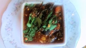 Corn Chowder soup (small). A soup special ordered "for here," July 2021.  at Lagusta's Luscious Cafe in New Paltz