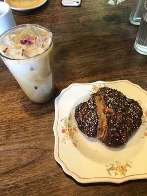 Rose cardamom latte and chipotle cream cheese croissant  at Lagusta's Luscious Cafe in New Paltz