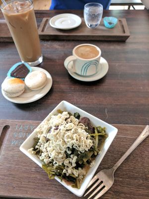 beans and greens, iced chai latte, macaroons and chocolate! at Lagusta's Luscious Cafe in New Paltz