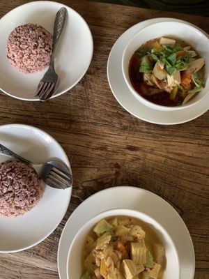Tom Yum sup and massaman Curry  at Bodhi Tree Cafe in Chiang Mai
