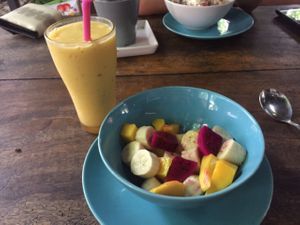 fruit and smoothie at Bodhi Tree Cafe in Chiang Mai