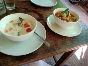 Tom Kha and Tom yumm from cooking class at Bodhi Tree Cafe in Chiang Mai