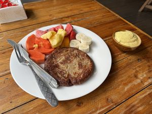 Vegan Pancake with Fruit and Passionfruit Yogurt side  at Bodhi Tree Cafe in Chiang Mai