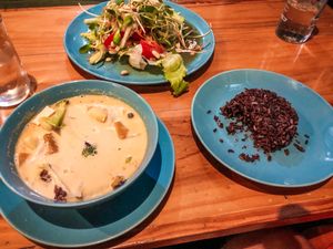 Massaman, brown rice and cucumber salad at Bodhi Tree Cafe in Chiang Mai
