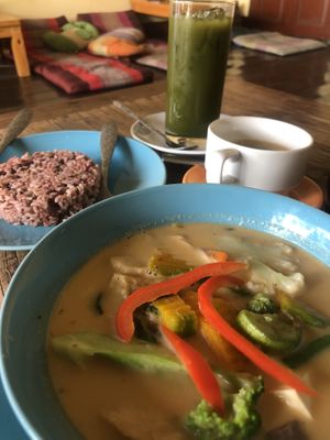 Red vegan curry, cafe, matcha green tea  at Bodhi Tree Cafe in Chiang Mai