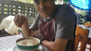 Enjoying the massaman curry that I made from scratch at Bodhi Tree Cafe in Chiang Mai