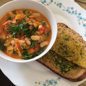 Ribolita with olive oil topped sourdough bread at Castle Farm Cafe in Bath