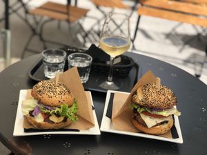 Great burger, nice white wine at Barbarella Arkade in Ljubljana