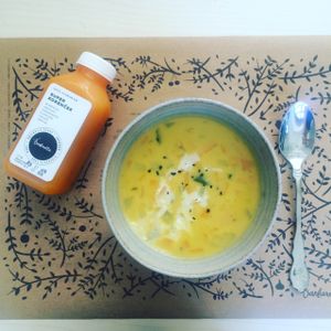 Chickpea soup and carrot juice at Barbarella Arkade in Ljubljana