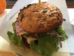 vegan burger with BBQ sauce at Barbarella Arkade in Ljubljana