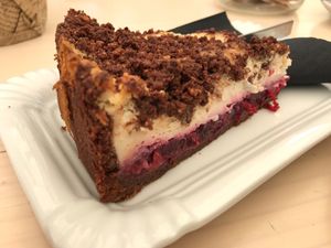 delicious cherry vegan cheesecake  at Barbarella Arkade in Ljubljana