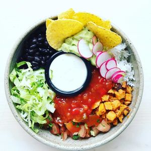 Taco Rice Bowl, Quacamole, Bakd Sweet Potatoes, Cashew Sour Cream at Barbarella Arkade in Ljubljana