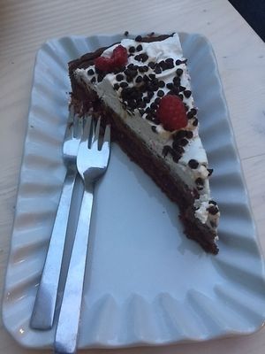 Vegan chocolate raspberry raw cake at Barbarella Arkade in Ljubljana