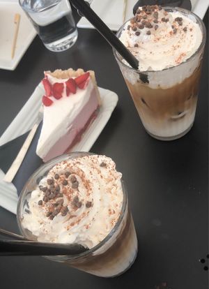 Vegan ice coffees and strawberry cake at Barbarella Arkade in Ljubljana