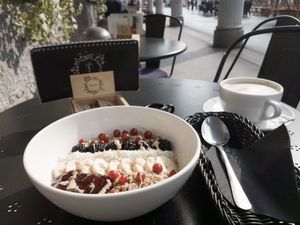 Oat porridge bowl at Barbarella Arkade in Ljubljana