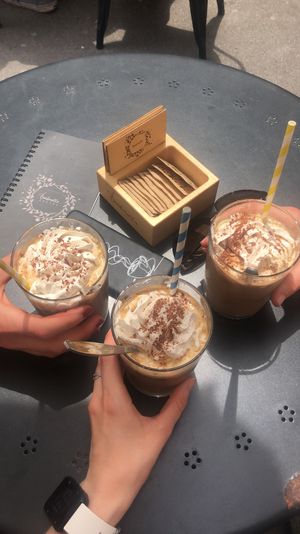 Ice coffees with plantbased milk, chocolate ice cream and soy cream on top. at Barbarella Arkade in Ljubljana