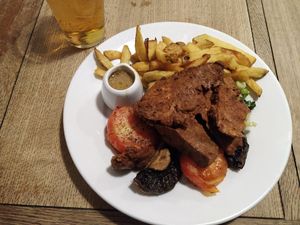 The seitan steak with peppercorn sauce and mushrooms at The Angel Microbrewery in Nottingham