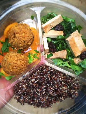 "Indian Burger Bites", kale salad with tofu, quinoa in a platter!  at Natural Choice Cafe in Jerusalem