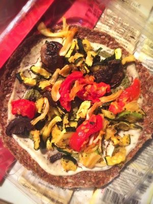 sunflower seeds crust with marinated/dehydrated veggies on a cashew cream at Natural Choice Cafe in Jerusalem