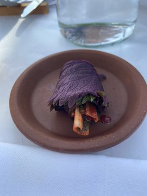 Amuse: zucchini kimchi rolls  at Mediamatic ETEN in Amsterdam