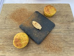 Amuse: potato muffins with tamarind cream and sourdough crumble  at Mediamatic ETEN in Amsterdam