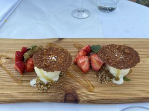 Dessert: pineapple ice cream with walnut cookie and rabarber compote  at Mediamatic ETEN in Amsterdam