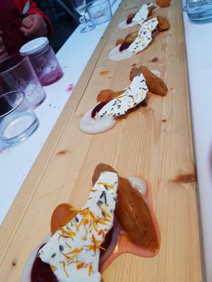 Dessert - apple, plum and almond mouse, apricot, some ice cream and a meringue at Mediamatic ETEN in Amsterdam