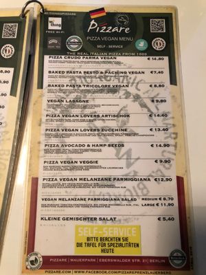 Vegan card  at Pizzare in Berlin