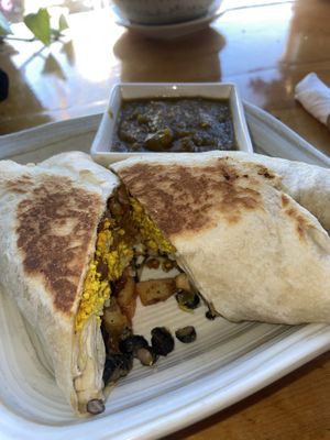 Vegan breakfast burrito with chili and beyond sausage   at The Corner Beet in Denver