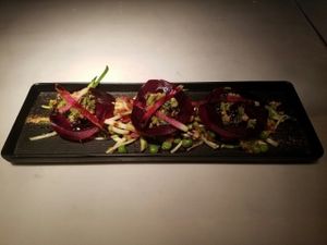 Raw beet  ravioli at Vital Root in Denver