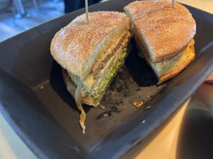 Impossible egg sandwich with pesto   at Vital Root in Denver