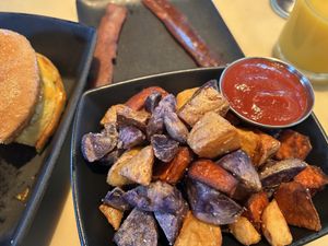 Home fries. Umaro seaweed bacon in the back originally came with four pieces.  at Vital Root in Denver