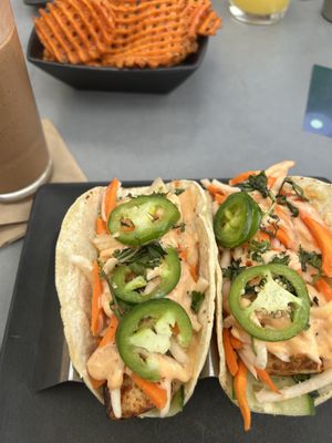 Tofu bahn-mi tacos and sweet potato waffle fries   at Vital Root in Denver